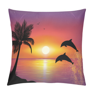Personality  Silhouette Of Two Dolphins Jumping Out Of Water In The Ocean And Silhouette Of Palm Tree In The Foreground. Beautiful Sunset And Stars At The Seaside In The Background. Pillow Covers
