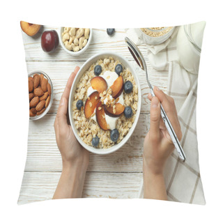 Personality  Concept Of Tasty Eating With Oatmeal On White Wooden Background Pillow Covers