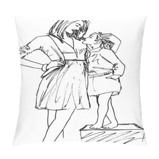 Personality  Sketch Of Little Girl Having Fun With Her Beautiful Mother. Vect Pillow Covers