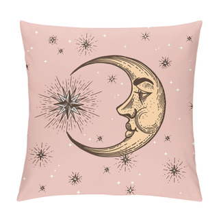 Personality  Set Of Sun, Moon And Crescent, Hand Drawn In Engraving Style. Vector Graphic Retro Illustrations. Pillow Covers