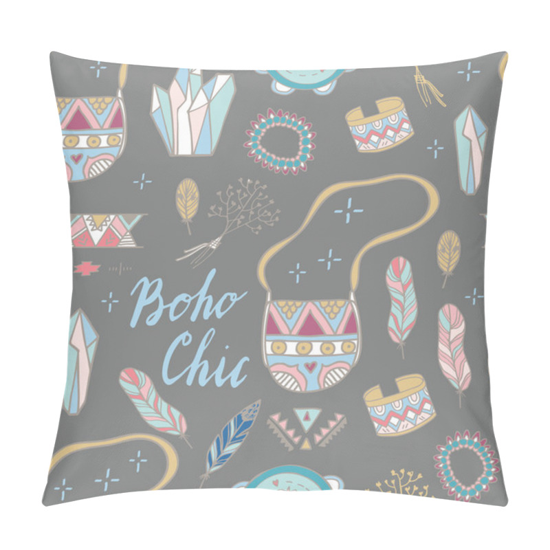 Personality  Boho Chic vector set. Summer fest design. Crystals, feathers, festive look, ornaments, jewelry, tambourine. pillow covers