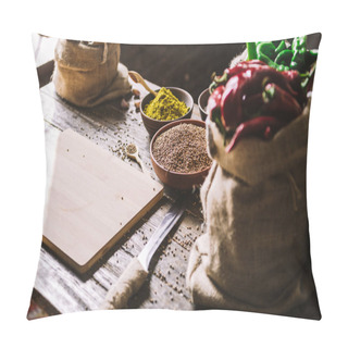 Personality  Different Type Of Spices Greens Peppers On Rustic Wooden Table  Pillow Covers