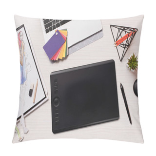 Personality  Office Desk With Laptop, Sketches, Graphics Tablet And Pen, Flat Lay Pillow Covers