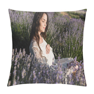 Personality  Pregnant Woman With Long Hair Enjoying Sitting In Lavender Field Pillow Covers