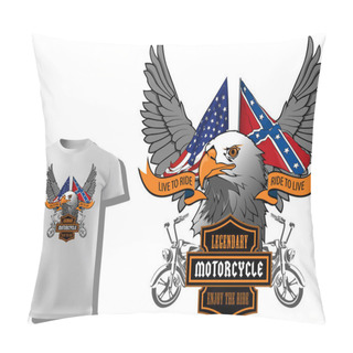 Personality  T-shirt Design For Motorcyclists With Eagle Head And Flags And Decorative Wings And Banners - Colored Illustration Isolated On White Background, Vector Pillow Covers