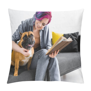 Personality  Beautiful Girl With Colorful Hair Hugging Bulldog, Holding Book, Smiling And Sitting On Sofa Pillow Covers