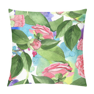 Personality  Pink Camellia Flowers With Green Leaves On Background With Watercolor Paint Spills. Watercolor Illustration Set. Seamless Background Pattern.  Pillow Covers
