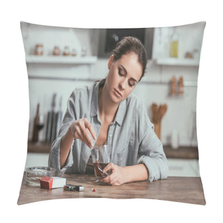 Personality  Alcohol Addicted Woman Holding Whiskey Glass Beside Cigarettes On Kitchen Table Pillow Covers