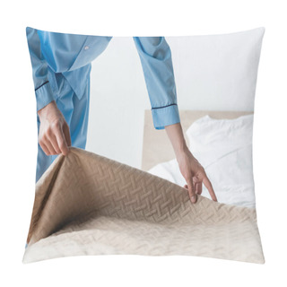 Personality  Cropped View Of Man In Blue Pajamas Covering Bed With Bedspread Pillow Covers