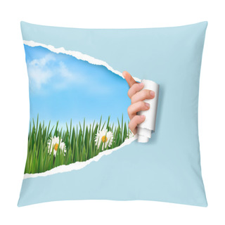 Personality  Nature Background With Green Grass And Sky And Ripped Paper. Vec Pillow Covers