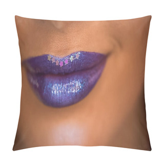 Personality  Cropped View Of Smiling Woman With Stars On Purple Lips With Shimmer Pillow Covers