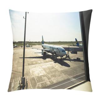 Personality  ROME, ITALY - JUNE 28, 2019: Airplanes At Aerodrome Under Sky In Sunny Day Behind Window Pillow Covers