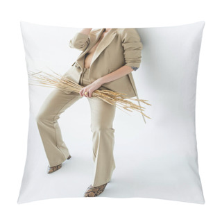 Personality  Cropped View Of Young Model In Beige Suit Standing While Holding Wheat On White Pillow Covers