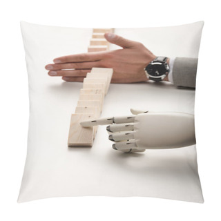 Personality  Cropped View Of Robotic Hand Pushing Wooden Bricks While Man Preventing Row From Falling Pillow Covers