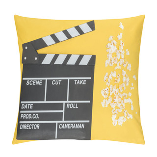 Personality  Top View Of Clapperboard And Fresh Crunchy Popcorn Isolated On Yellow Pillow Covers