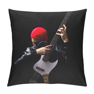 Personality  Asian Professional Musician In Leather Jacket, Red Hat Playing Electric Bass Guitar Pillow Covers