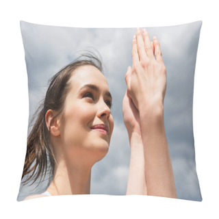 Personality  Low Angle View Of Happy Woman With Clenched Hands Against Blue Sky With Clouds  Pillow Covers