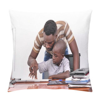 Personality  Portrait Of A Young Father Teaching His Little Boy To Use A Laptop Computer At Home. Pillow Covers