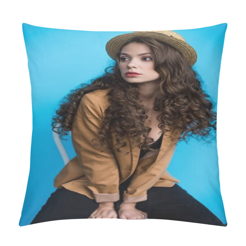 Personality  seductive young woman in canotier hat and jacket sitting on chair and looking away pillow covers