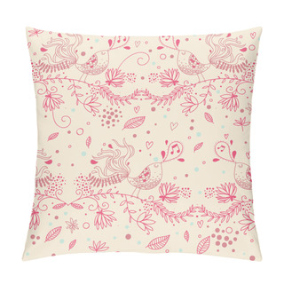 Personality  Bright Summer Card In Vector. Cute Cartoon Birds In Flowers On Branch. Stylish Invitation Card Pillow Covers