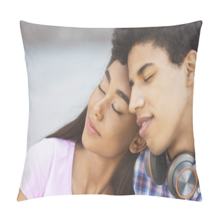 Personality  Romantic Moment. Dreamy Teen Couple Sitting With Their Eyes Closed Pillow Covers