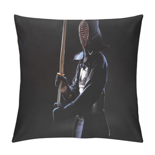 Personality  Kendo Fighter In Helmet Holding Bamboo Sword On Black Pillow Covers