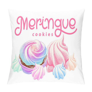 Personality  Logotype Of Set Airy French Meringues Twirls, Marshmallow, Zephyr. Vector With Calligraphy. Sweetness, Sweet Cake. Lettering For Sweet Shop, Pastry. Pillow Covers