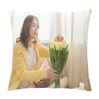 Personality  Middle Aged Woman Peacefully Holds A Delicate Bouquet Of Flowers While Sitting On A Comfortable Couch. Pillow Covers