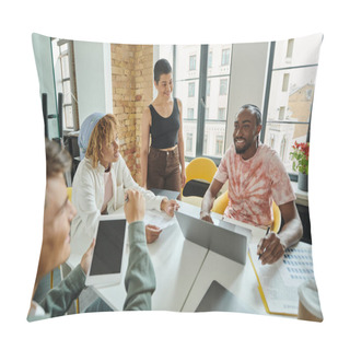 Personality  Happy Team Looking At African Man In Office, Brainstorming, Ideas And Creativity, Startup, Business Pillow Covers