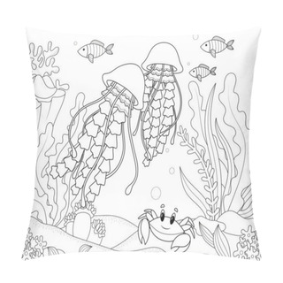 Personality  Seabed, Marine Animals. The Jellyfish Swims Among Algae And Other Fish. Coloring Book, Raster Children Illustration. Pillow Covers