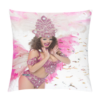 Personality  Smiling Woman In Carnival Costume Looking At Camera, Isolated On White Pillow Covers