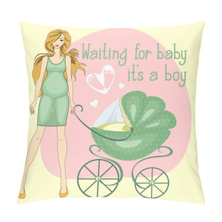 Personality  Illustration Of A Pregnant Girl Waiting For  Boy Toddler.   Pillow Covers