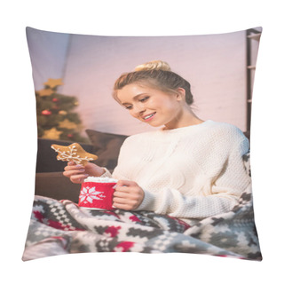 Personality  Woman In Blanked Holding Christmas Gingerbread Cookie And Cup With Hot Cocoa Pillow Covers