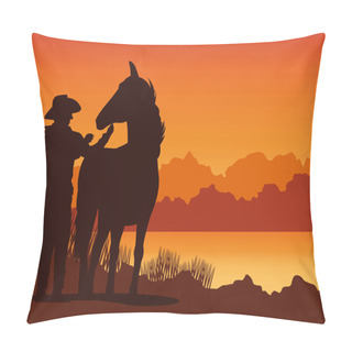 Personality  Cowboy Figure Silhouette With Horse In The Sunset Lansdscape Scene Pillow Covers