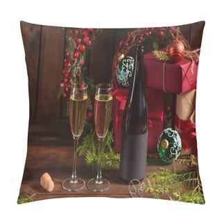 Personality  Christmas Holiday Table With Glasses And A Bottle Of Wine Of Champagne. Eve Of New Year, Preparation And Laying Of A Wooden Holiday Table Pillow Covers