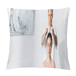 Personality  Panoramic Shot Of Young Woman Sitting With Closed Eyes While Healer Cleaning Her Aura Pillow Covers