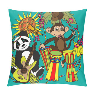 Personality  Panda With A Guitar And A Monkey With African Drums. A Vector Illustration, A Sketch Drawn By Hand Pillow Covers