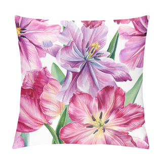 Personality  Pink Tulips, Beautiful Flowers On An Isolated White Background. Seamless Pattern. Watercolor Botanical Illustration Pillow Covers