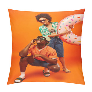 Personality  Full Length Of Young African American Woman In Sunglasses And Stylish Outfit Holding Swim Ring While Standing Near Best Friend In Panama Hat On Orange Background, Friends In Trendy Casual Attire Pillow Covers