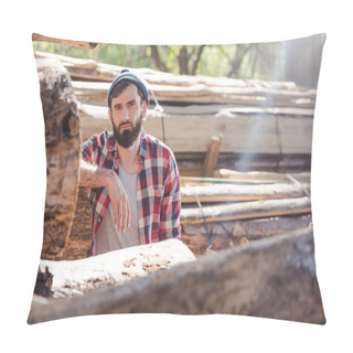 Personality  Bearded Lumberjack In Checkered Shirt Standing At Sawmill  Pillow Covers