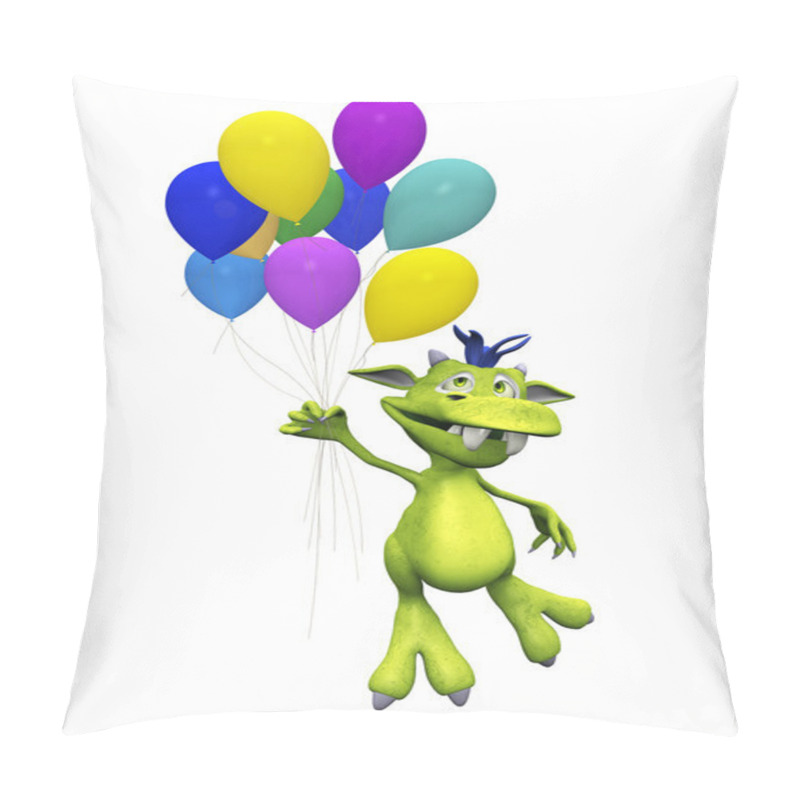 Personality  A cute, friendly cartoon monster flying away while holding a bunch of balloons in his hand. The monster is green with blue hair. White background. pillow covers