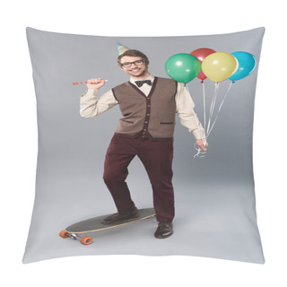 Personality  Happy Man In Glasses And Party Cap Holding Multicolored Balloons And Party Horn While Standing On Longboard On Grey Background Pillow Covers