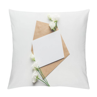 Personality  Top View Of Eustoma And Envelope With Empty Card On Grey Background  Pillow Covers