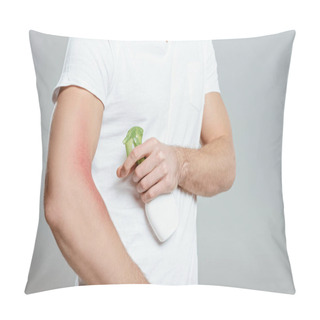 Personality  Cropped View Of Man With Allergy On Hand Using Spray Isolated On Grey Pillow Covers