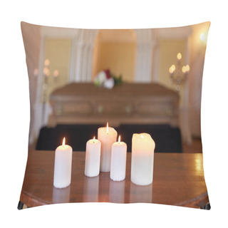 Personality  Burning Candles And Coffin In Church At Funeral Pillow Covers