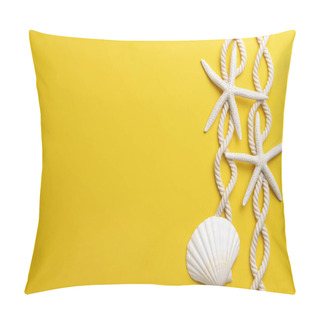 Personality  Summer Time Concept With Starfish, Shell And Rope On A Plain Yellow Background Pillow Covers