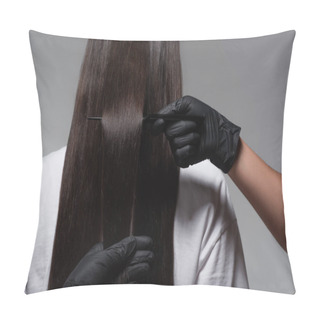 Personality  Back View Of Young Woman With Smooth Long Hair Near Colorist In Latex Gloves Isolated On Grey  Pillow Covers