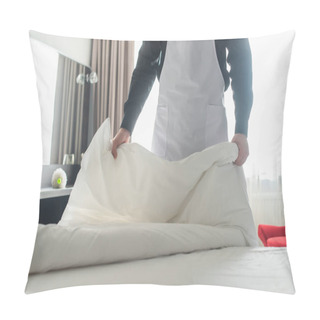 Personality  Cropped View Of Housekeeper Changing White Bedding In Hotel Room Pillow Covers