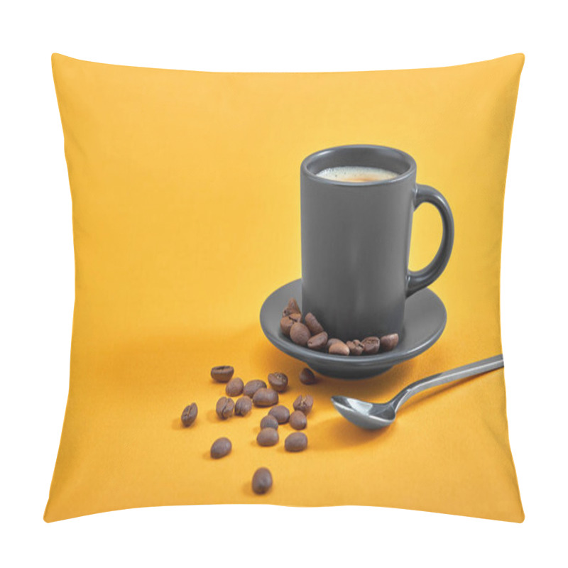 Personality  Cup of black coffee on a yellow background. Concept: Good morning, energy boost, motivation. Space for text pillow covers