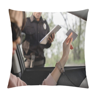 Personality  Woman In Sunglasses Sitting In Car And Giving Driver License To Policeman  Pillow Covers